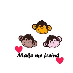 Cute monkey face trio illustration with red hearts and text isolated on white background for kids fashion apparel, baby sticker, friendship card print. © Ketsara