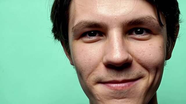Young Caucasian male with dark hair transitions from a serious expression to a smile against a solid mint green background, showcasing a gradual emotional change