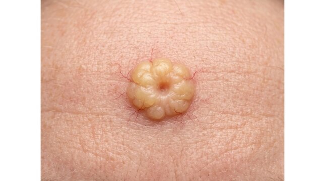 Extreme macro photograph of raised molluscum contagiosum skin lesion papule