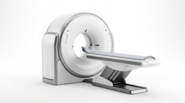 Modern medical CT scanner machine isolated on white background, realistic hospital diagnostic imaging equipment 3D rendering.