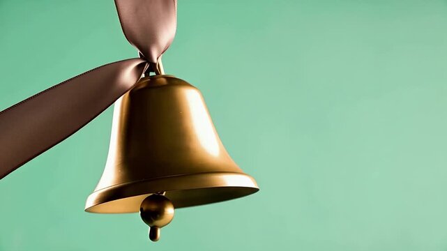 Golden bell with a satin ribbon hangs against a soft green background, showcasing its polished surface and intricate details in a visually appealing composition