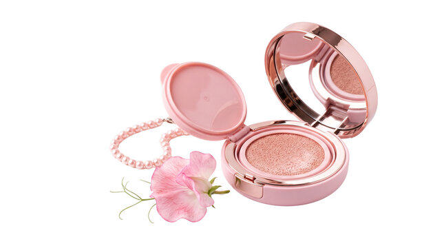 Pink cushion foundation compact with mirror, luxury rose gold makeup case with flower and pearls, elegant beauty product on white background