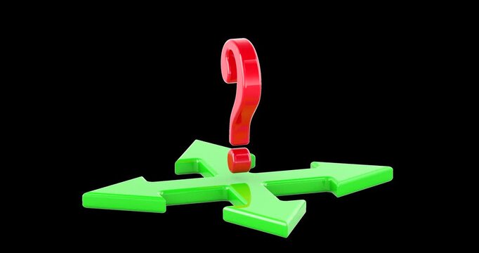 Question mark over crossed arrows rotation animation seamlessly loopable. 3D rendering isolated on transparent background