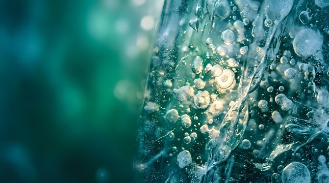 Close-up of ice crystals and frozen water droplets with bokeh