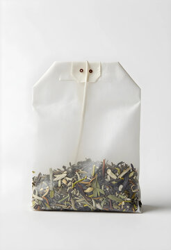 Herbal tea bag with loose leaf blend, natural health and wellness beverage, isolated on a clean white background