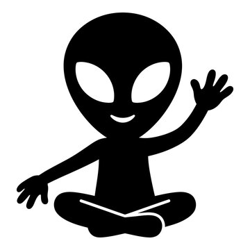 Black cartoon alien sitting cross-legged with smile and raised hand in air freely