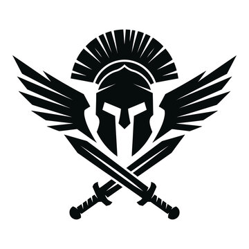 Spartan warrior helmet with wings and crossed swords symbol