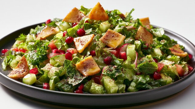 Fresh fattoush salad with crispy pita bread, pomegranate seeds, fresh vegetables, and herbs on a dark plate