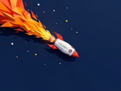 Low poly rocket launching into space with fire trail.