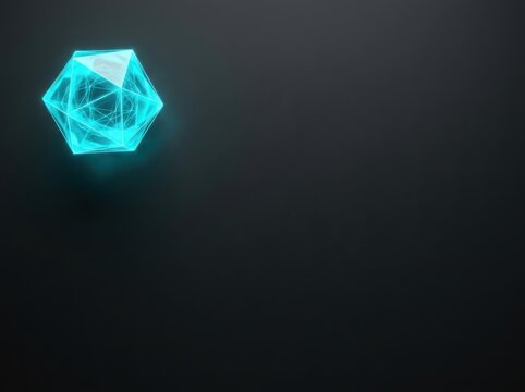Glowing blue geometric crystal d20 on black background.