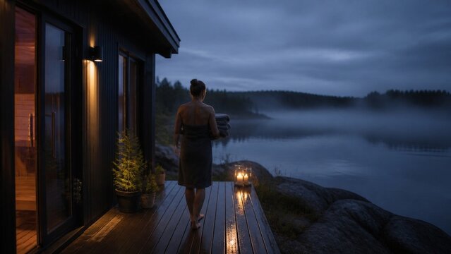 Mysterious coastal fog blankets the water at dusk, creating a tranquil and moody atmosphere; distant lights hint at life beyond the mist, suggesting quiet solitude or a journey's end.