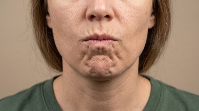 Frontal close up of middle aged woman pouting mouth showing mentalis chin dimpling lines