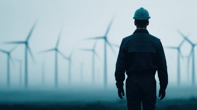 Engineer in hard hat and workwear standing before wind turbine farm in misty landscape representing renewable energy and sustainable power generation