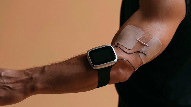 Arm with an electronic muscle stimulator and electrode pads, providing muscle stimulation for physical therapy, recovery, or fitness