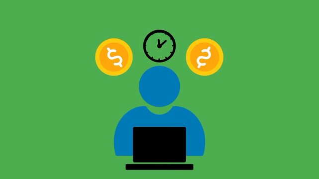 Freelancer concept icon featuring a person working on a computer with clock and money symbols, representing remote work, time management, income, and independent business.