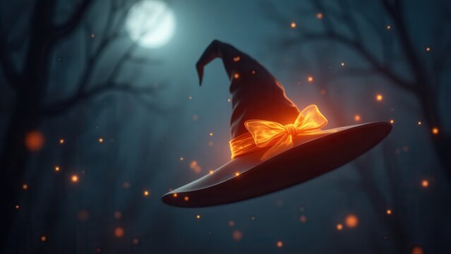 Floating elegant witch hat with glowing orange ribbon in moonlight, soft bokeh