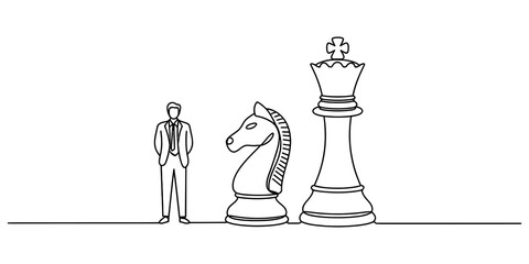 Businessman standing with chess knight and king pieces in a continuous line art drawing style Vector, illustration © RK Drawing Gallery