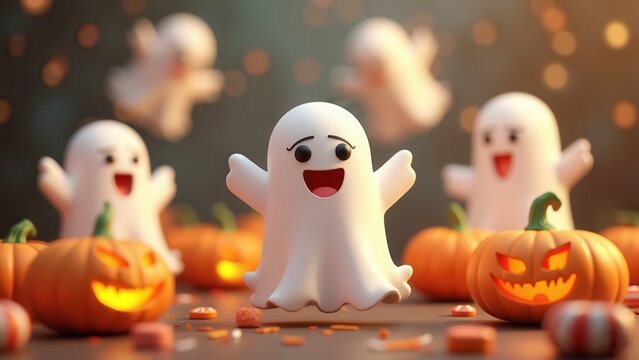 Cute low-poly ghosts smiling among Halloween candy and pumpkins, warm bokeh lighting