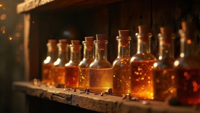 Golden sparkling potion bottles collection on old wooden shelf, rich colors