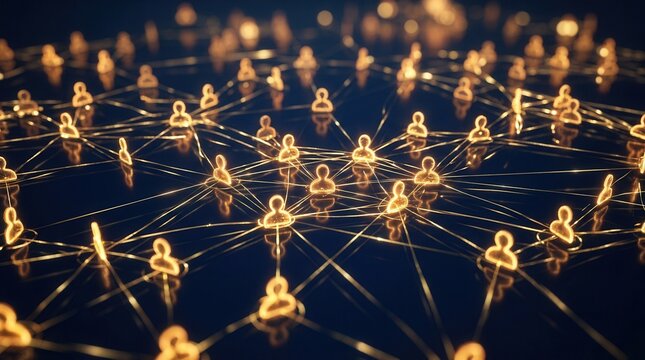 Network diagram showing interconnected business elements like analysis, customer service, teamwork, technology, and global outsourcing.