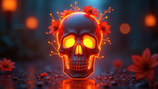 Neon glowing skull decorated with orange flowers and vines, cyberpunk style, bright electric colors