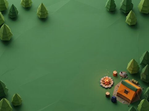 Low poly campsite with tent in green forest.