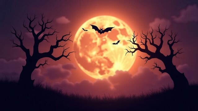 Realistic full moon with flying bat silhouettes and twisted black trees, dramatic purple orange sky