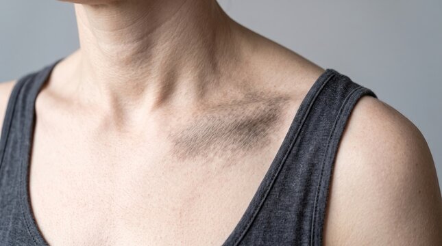 Hyperpigmentation dark patch and Becker nevus on female collarbone shoulder skin