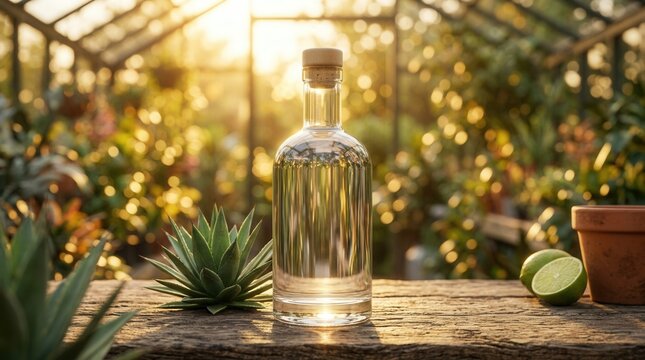 Unbranded tequila bottle positioned against a rustic backdrop for beverage marketing.