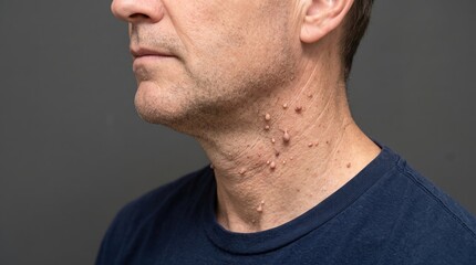 Naklejka premium Side profile of middle aged man neck with multiple benign skin tags and acrochordons