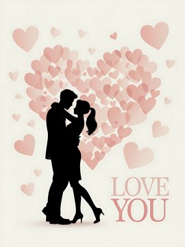 Romantic couple silhouette surrounded by pink hearts with love you lettering