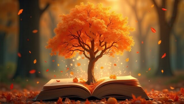 Surreal book growing into autumn tree with glowing leaves, bright magical colors