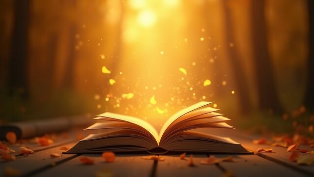 Open book with glowing golden autumn forest inside, magical light