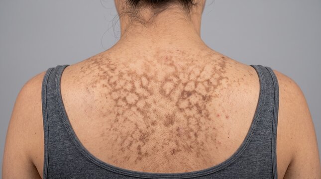 Back view of woman with reticulated macular hyperpigmentation macules on upper back skin