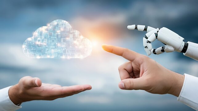 Human and robot hands interacting, touching a luminous cloud icon, symbolizing artificial intelligence, data exchange, and future technology