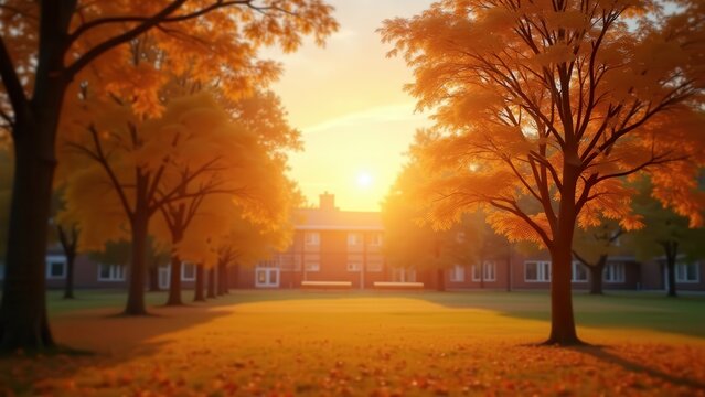 Cinematic sunset over school playground with golden autumn trees, warm god rays