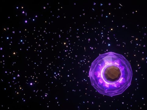 Purple low poly magic potion bottle in starry space.
