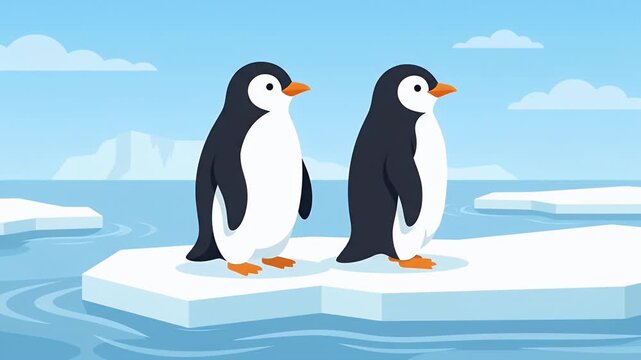 Two cute penguins standing on a small ice floe in the ocean.