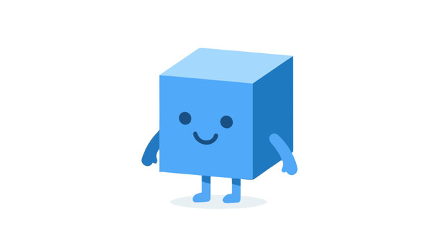 Cute Blue Cube Character with Smiling Face and Outstretched Arms on Transparent Background