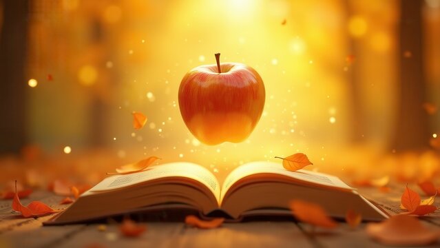 Surreal golden apple floating above open books with swirling leaves