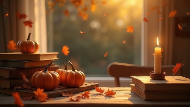 Cozy autumn classroom corner with wooden desk, books and pumpkins, warm lighting