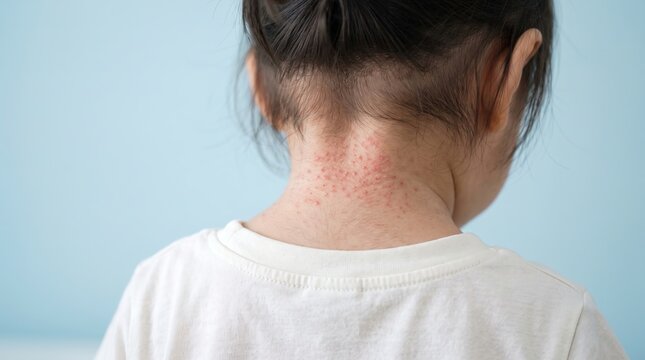 Back view of child neck skin with red itchy heat rash sudamina papules