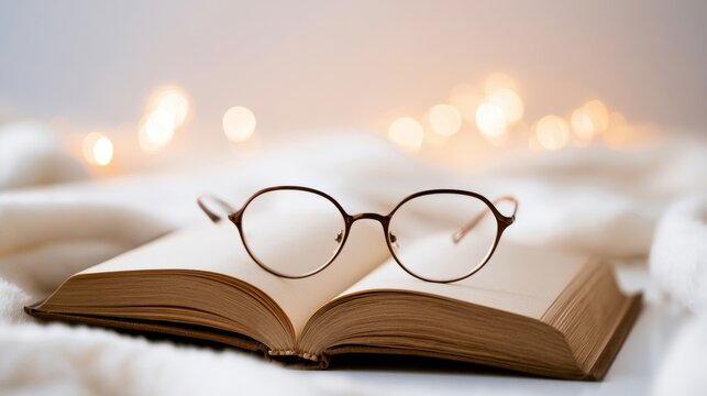 Open book with reading glasses resting on its pages, creating a warm and inviting atmosphere for quiet literary enjoyment