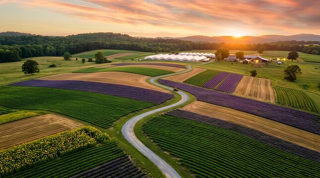 Aerial farm landscape at sunset, rural agricultural fields, winding road through crops