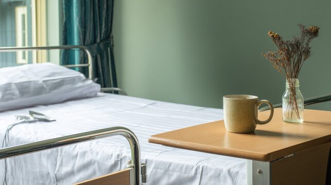Unoccupied hospice room with care bed and bedside table with dried flowers, healthcare concept