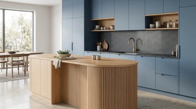 3D rendering of a modern kitchen interior featuring a wooden island, matte blue cabinets, and an elegant minimalist design with textured stone backsplash.