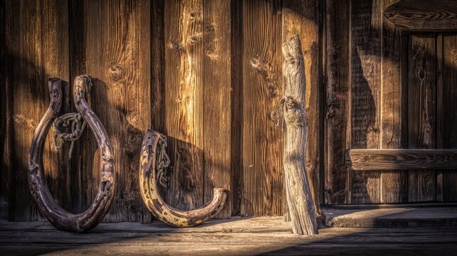 Two old wooden ox yokes with rusted iron rings against plank wall, agricultural heritage concept