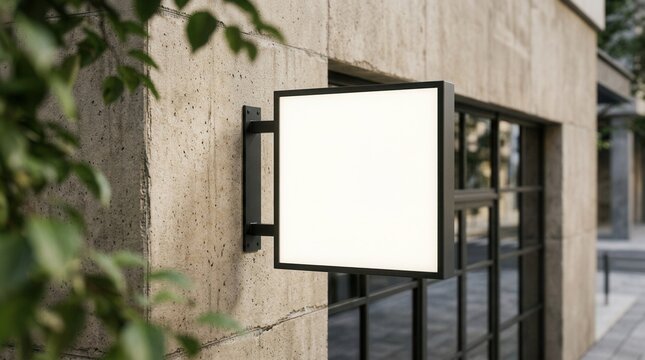 Outdoor mock up of a square light box empty display on a beige concrete wall