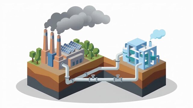 Industrial factory with underground pipelines and pollution control.