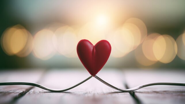 Red heart balancing on two forks, symbolizing love, connection, and a romantic relationship with bokeh lights